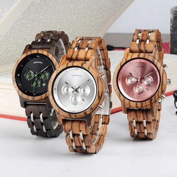 BOBO BIRD Vintage Women Chronograph Military Wooden Watches Top Brand Luxury Stainless Steel Watch in wood box