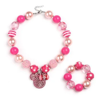 Wholesale New Pink Chunky Beaded Children Pendant Necklace Set