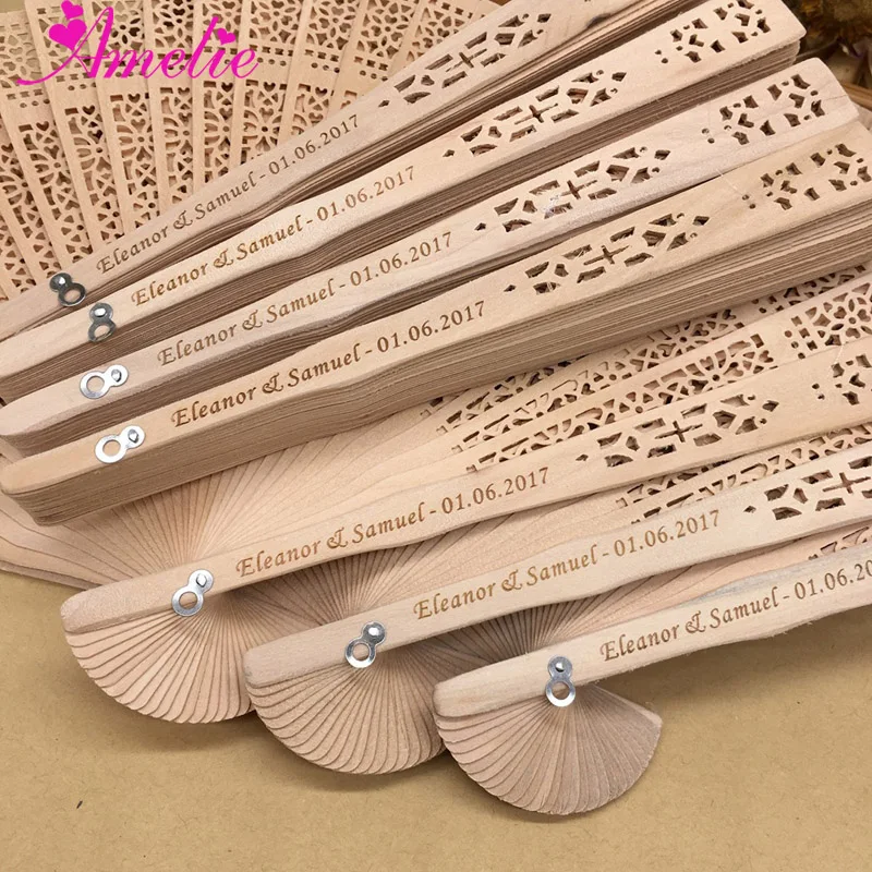 Wedding Favour Silk Fabric Paper wooden  Personalised Hand Fans Party Favour 
