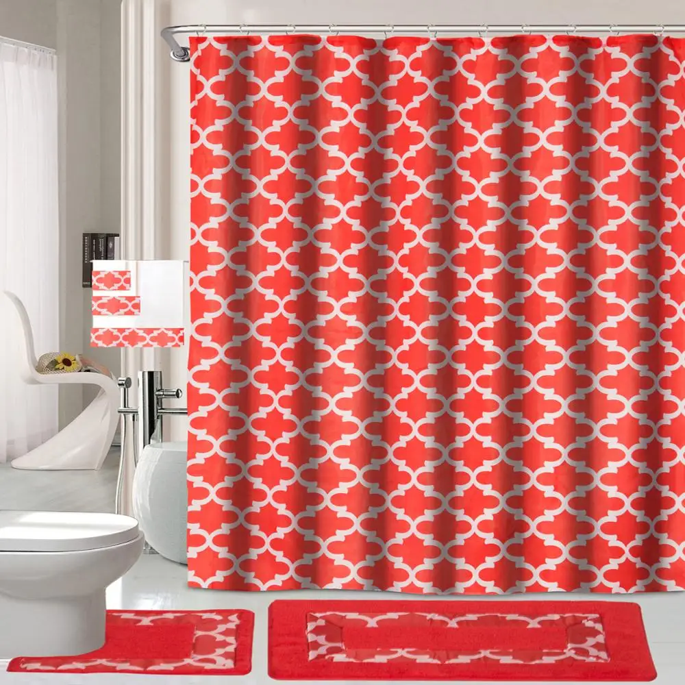 Asian style red day Shower Curtain Toilet Cover Rug Mat Contour Rug Set 