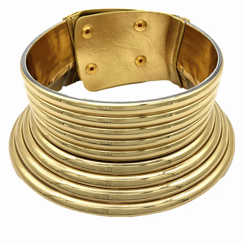 Metallic Gold Okoye Snap Chunky Leather High Neck Collars Choker African Jewelry 
