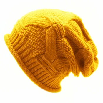 Factory Price High Quality Acrylic Solid Color Yellow Adult Unisex Slouchy Winter Knitted Unisex Slouch Beanie Hat