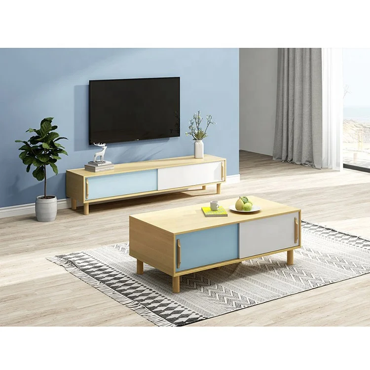 Sliding Door high quality living room colorful simple design tv stand units coffee table