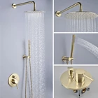 Modern Brushed Gold Concealed Wall Mounted Brass Round Rainfall Shower System Set