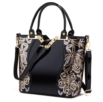 China guangzhou supplier latest black patent leather embroidery bags women handbags
