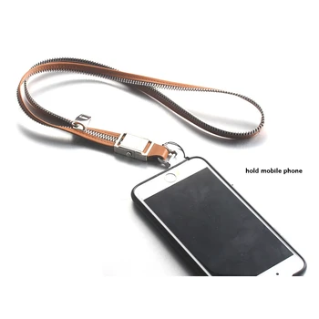 Customized Brown Genuine Leather Zipper Chain Mobile Phone Holding Straps Necklace