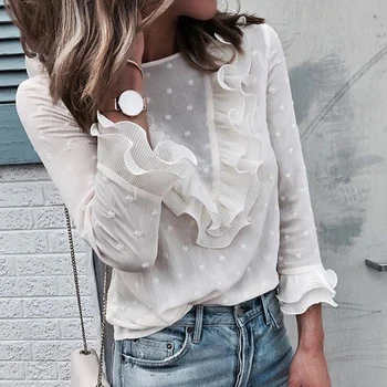 Women Ladies Fashion white flower point lace neck back button Blouses Tops Casual Ruffles O Neck Shirt Long Sleeve Coldker