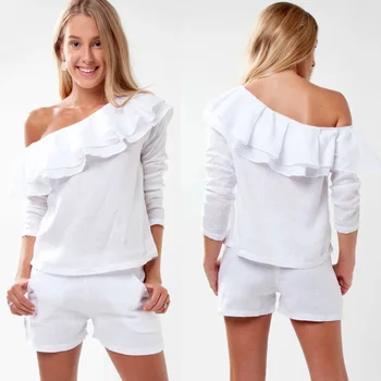 Clothes Women Ladies White 100% Linen Ruffled Blouse Design One Shoulder Long Sleeve Tops