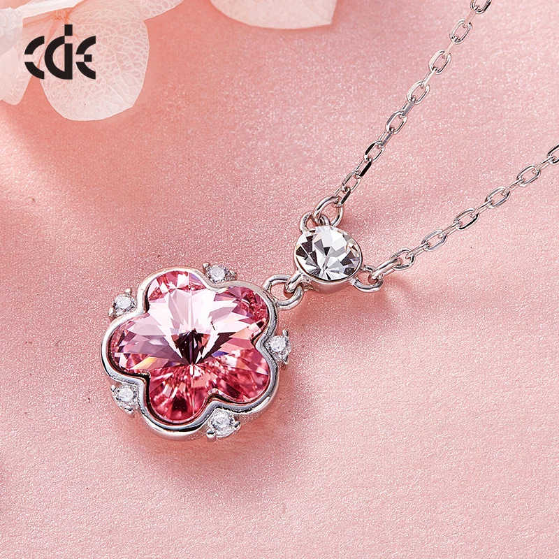 CDE YN0758 Wholesale Crystal Jewelry 925 Sterling Silver Necklace Rhodium Plated Joyas De Plata Pink Flower Necklace For Women