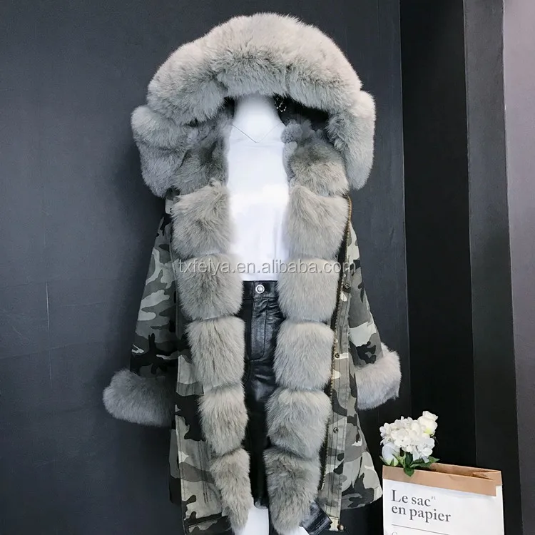 grey camo fur coat