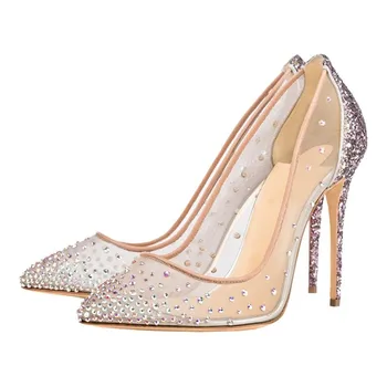 2022 Private label glitter rhinestone 12cm ladies dress high heel shoes for women wedding shoes