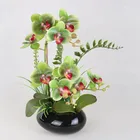 Green Artificial Real Touch Green Orchids With Grass In Black Ceramic Pot