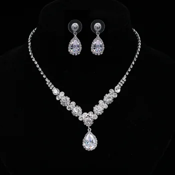 Charming 925 sterling silver white gold plated Cubic Zircon CZ Clear diamond Earrings Necklace Bridal Jewelry set