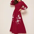 Long Dress Womens Embroidered Modest Women Long Sleeve Floral Embroidered Hijab Dress With Zipper Back