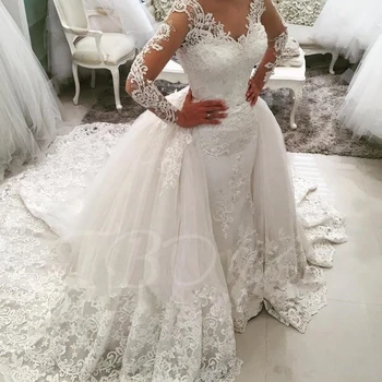 V neck Ball Gown Two in one Plus Size Detachable skirt Lace Vintage Wedding Gown Long sleeve Muslim Arab Wedding Dresses MWA319