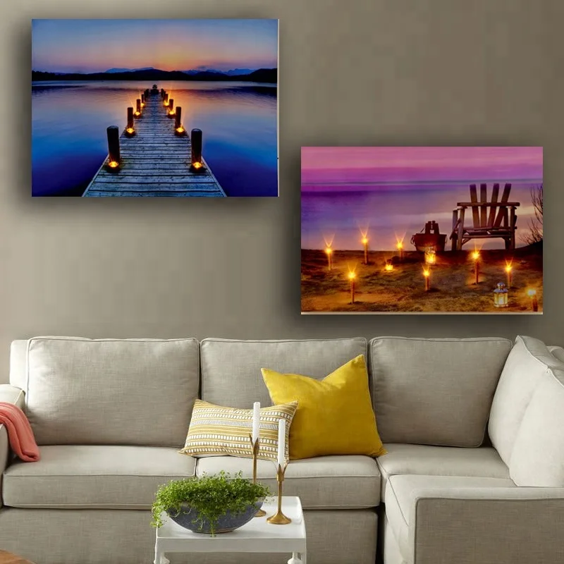 Lake And Scene Flicking Led Wall Picture With Candles Canvas Painting With Led Light For Home - Buy Canvas Painting With Led Light on Alibaba.com