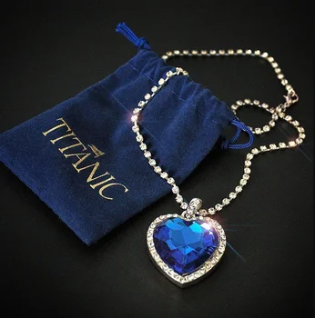 wholesale Titanic Heart of Ocean blue heart love forever pendant Necklace + velvet bag