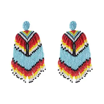 Kaimei amazon top seller bohemian jewelry fashion women handmade seed beads multilayer long tassel beaded dangle boho earrings