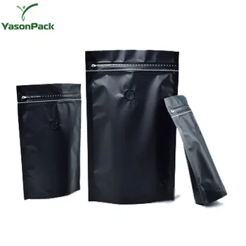 Matt Black Flat Bottom Coffee Bags With Valve Custom Printed Packaging Wholesale