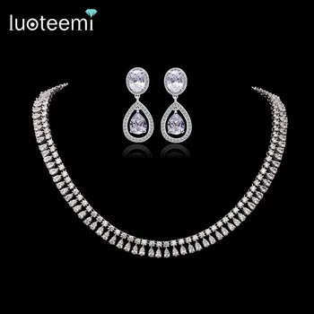 LUOTEEMI Luxurious A AA Zircon Stone White Gold Plated Bridal Wedding Earring Necklace Jewelry Sets