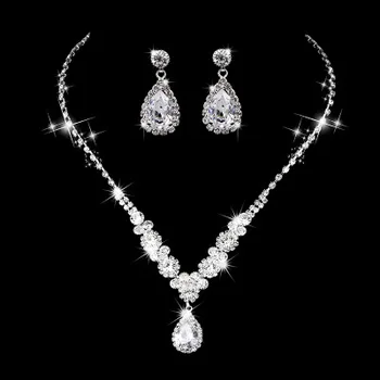 Wholesale Silver White Gold Plated Cubic Zircon CZ Clear Diamond Earrings Necklace Bridal Jewelry Set