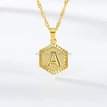 Initial Pendant Letter Necklace Necklace Jewelry a to Z Hexagon Disc Stainless Steel Gold Plated WATER-WAVE Chain Necklaces CNAS