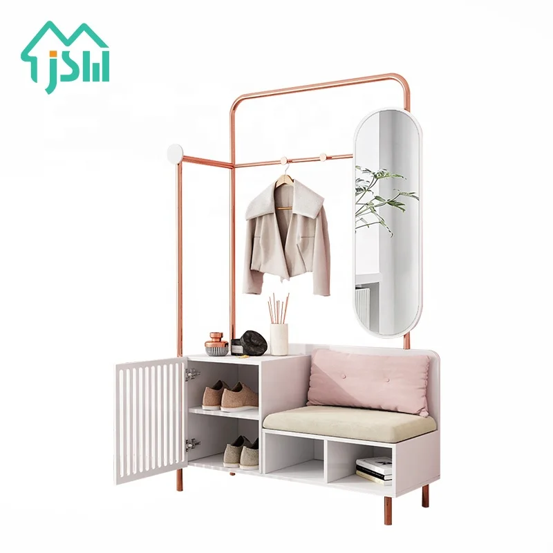 Home Furniture Stainless Steel Frame Modern Mirrored Heavy Duty Coat Rack With Shoe Storage