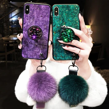 AccCrackle Diamonds Hair Ball Wrist Strap Phone Case for iphone 13 pro Max Bling Luxury Fashion Mobile Phone Cover for Samsung