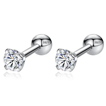 Real 925 Sterling Silver Earrings Clear Zircon Crystal Round Small Stud Earrings for Women Jewelry Wearing