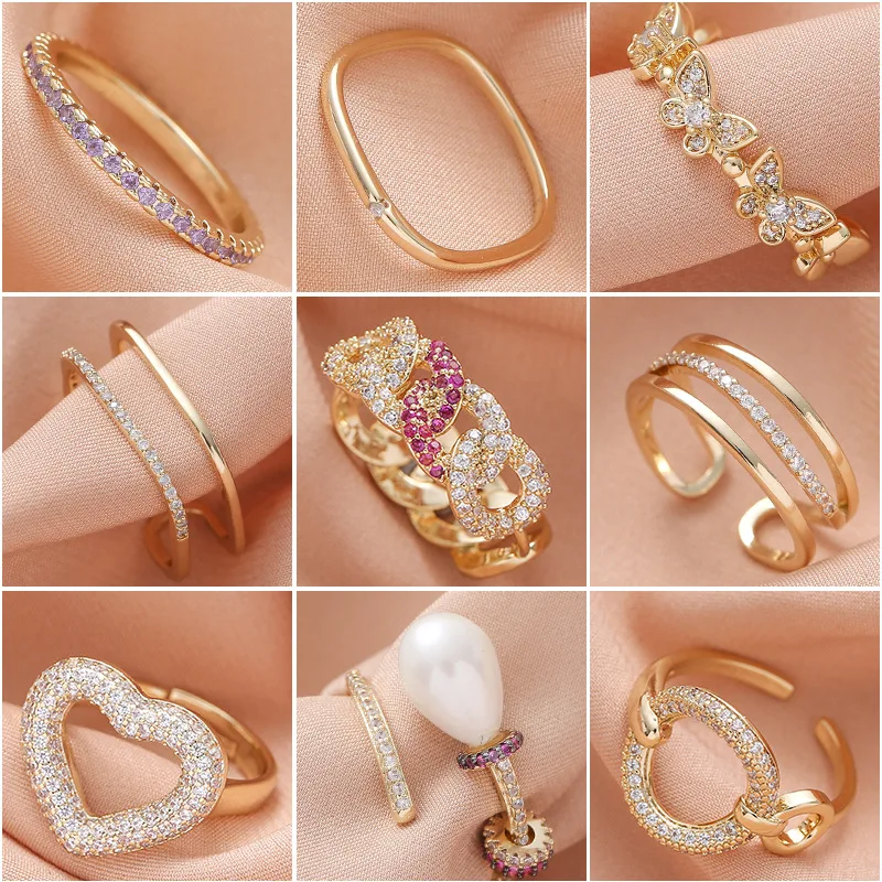 spiral adjustable open rings,colourful diamond copper pave setting zircon pearl women's gold rings jewelry