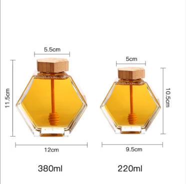 220ml 380ml Empty Hexagonal Honey Glass Jar with Wooden Dipper