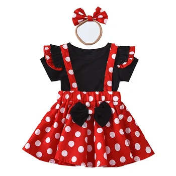 Summer Toddler Girl Clothes Set Ruffle Short Sleeve Tops Dots Suspender Skirt Hair Hoop Birthday Party Baby Kids Clothes Girls
