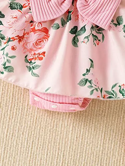 Cute  Baby Girls Dress Set Floral Print Lace Ruffle Bowknot Jumpsuits