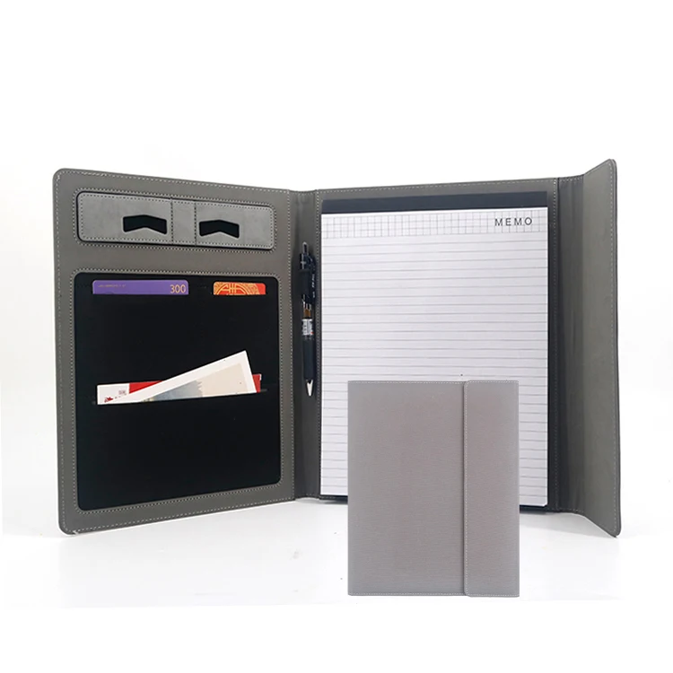 Grey Leather Document Organizer Business Portfolio Folder with Magnetic Flip Cover Design details