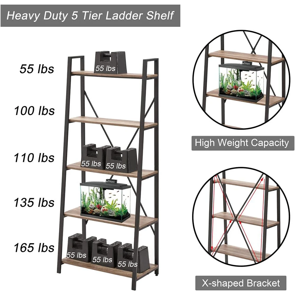Modern 5-Tier Wooden and Metal Ladder Bookshelf Living Room & Home Office Storage Furniture supplier