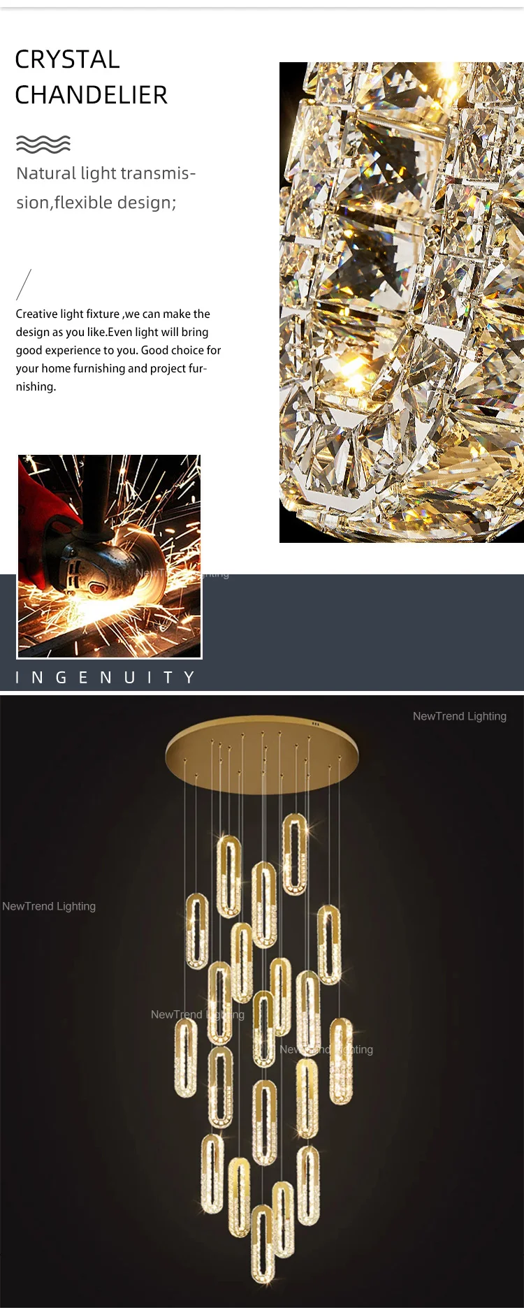 CPL-296 Luxury Style Indoor Decoration LED Hanging Pendant Light Villa Staircase Crystal Chandelier details