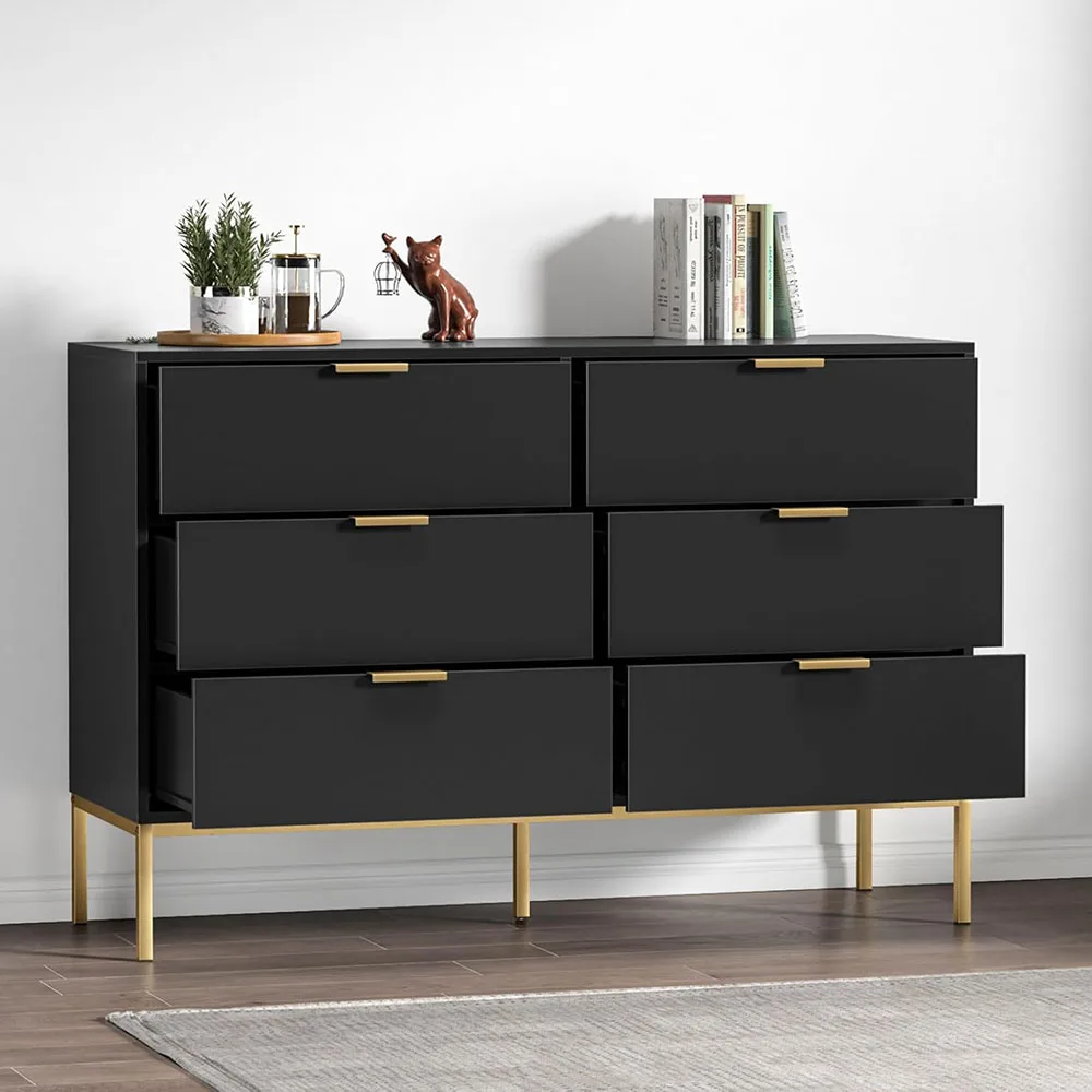 Modern 6-Drawer Dresser with Golden Handles Black Wood Storage Closet Organizers for Bedroom & Living Room factory