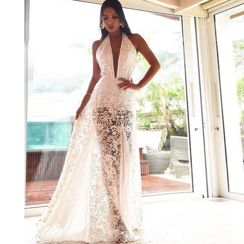 Long backless deep v lace ladies party wear evening dress white evening white simple wedding dresses for bride