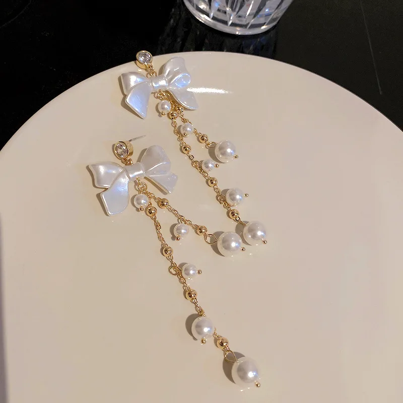 925银针夏季锆石珍珠蝴蝶结流苏女士气质甜美耳环