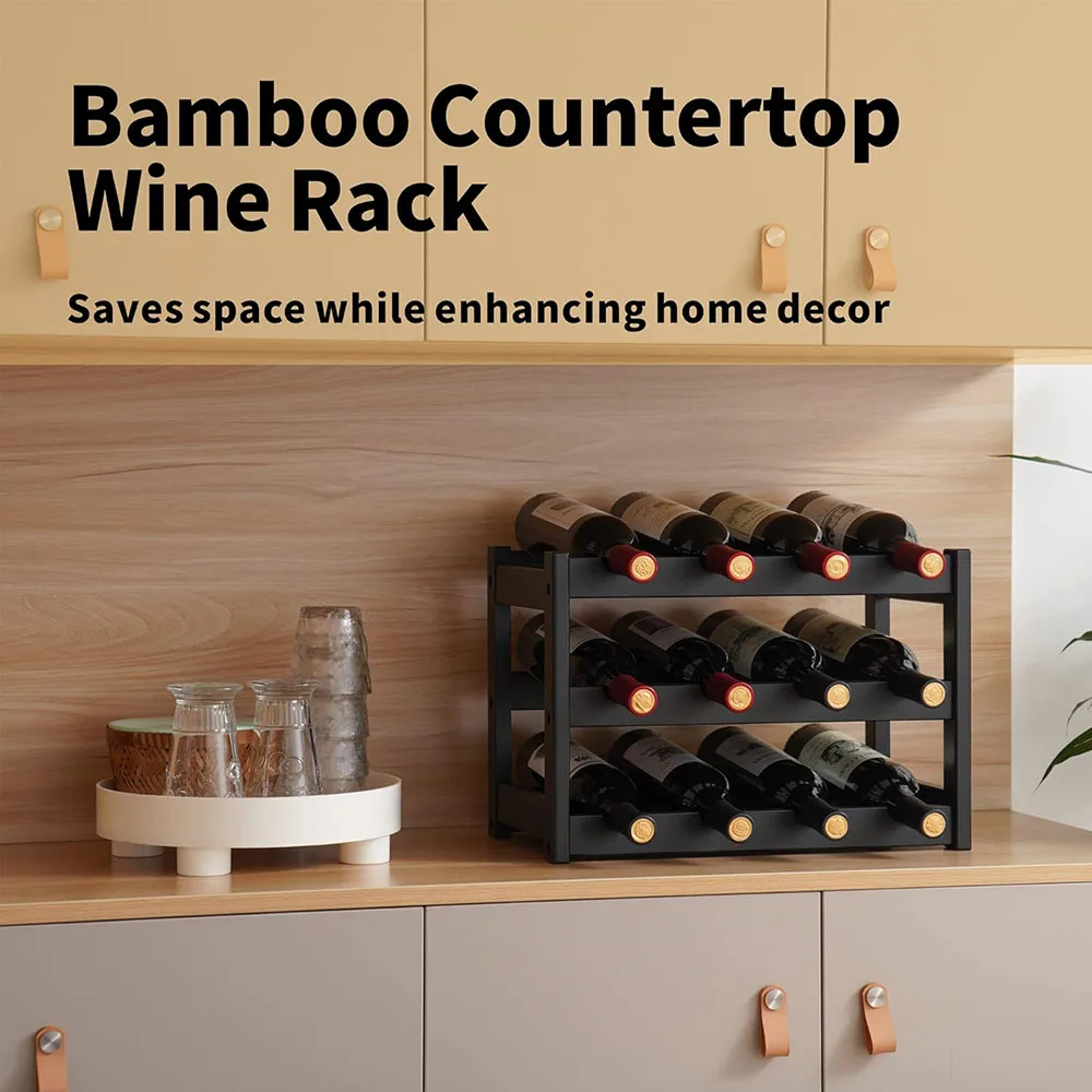 Modern 3-Tier 12 Bottles Bamboo Wine Rack Sturdy Durable 3-Degree Swivel Black Storage Cabinet Shelf for Countertop Pantry factory