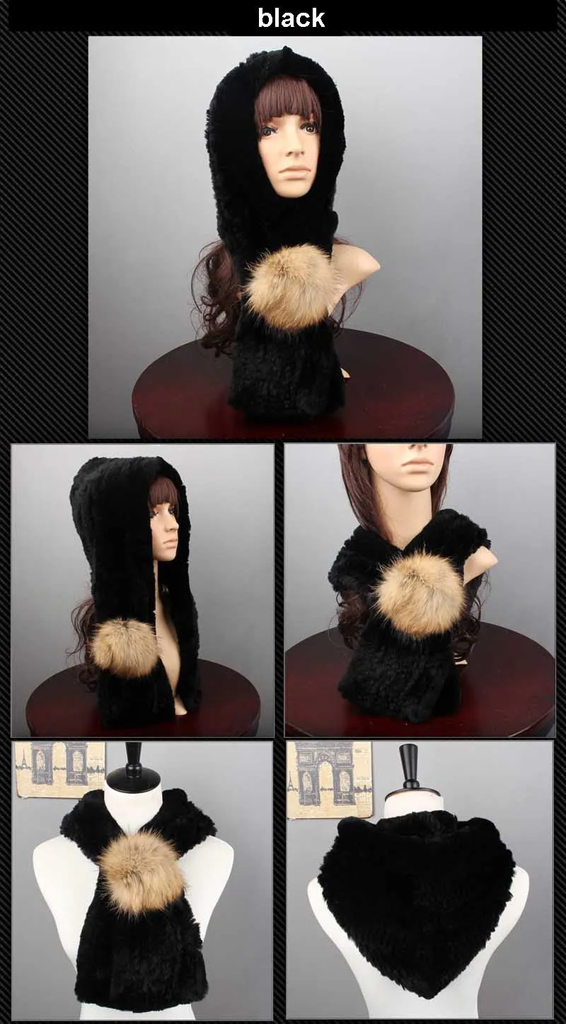 knit rex fur hood scarf black