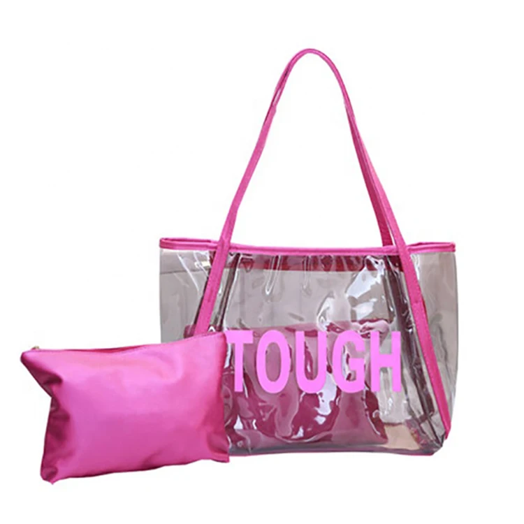 fashion zipper women transparent cosmetic jelly hand bags pvc waterproof beach tote bag