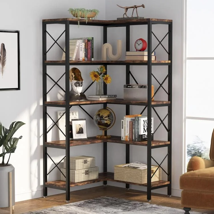 Tribesigns Large Modern Corner Bookcase Wooden Corner Shelf for Living Room Home Office Brown Corner Bookshelf