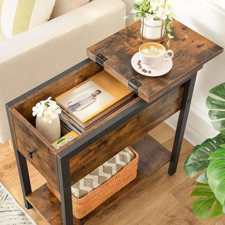 Wholesale Industrial Style Wooden Flip Top Side End Table with Storage Narrow Bedside Table Narrow Nightstand Accent Lamp Table