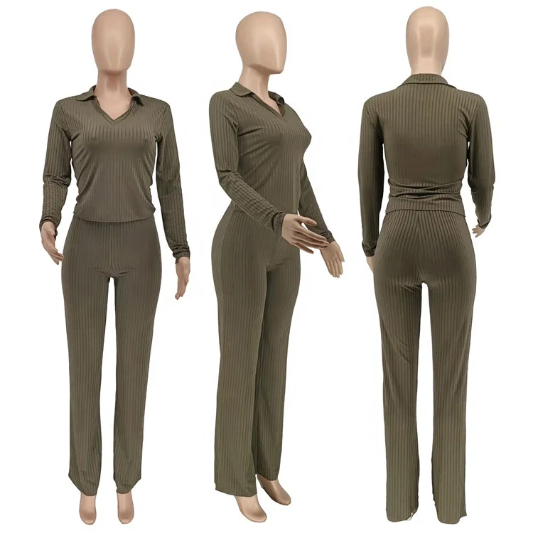 Ribbed 2 Two Piece Sets Tracksuit Womens Matching Sets Spring Outfits 2024 Long Sleeve T Shirts And Pants Sets