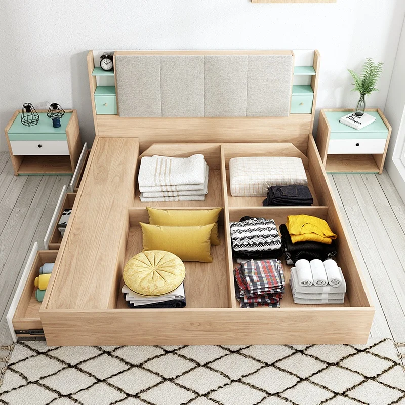Nordic Style ODM OEM Space Saving  Bed Practical Storage Bed Wood Bed Furniture Design