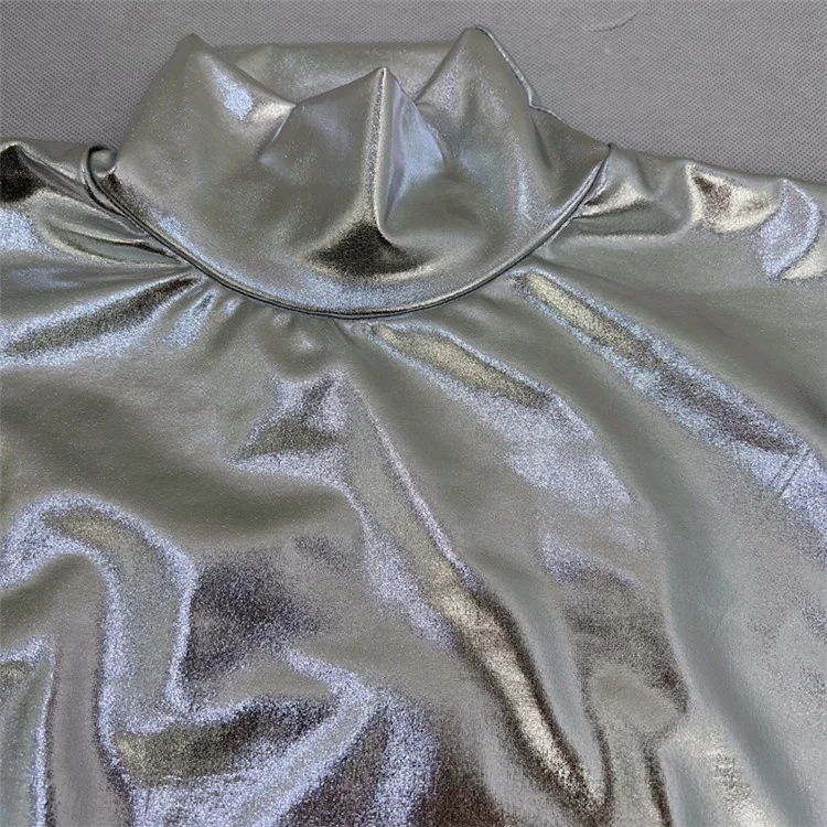 Silver Zipper Reflective Glossy Leather Long Sleeve Party Dress Women 2023 New Bodycon Sexy Club Long Dress