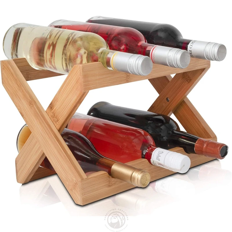 2 tier collapsible mount decorative bamboo wooden wine bottle storage holder rack for kitchen countertop