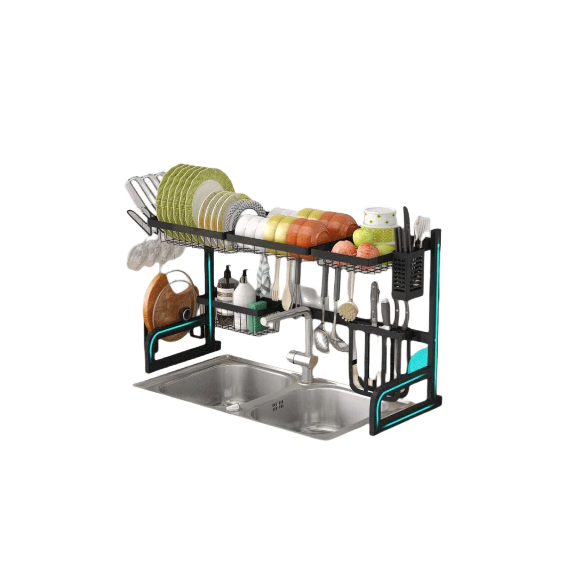Large capacity black silvery kitchen drying tableware water filtering over the sink rack storage