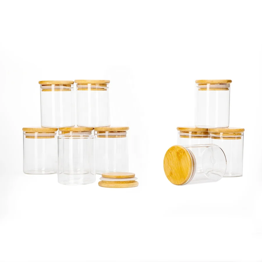 Diameter 6.5cm 12pcs Set 200ml Round Food Storage Container Borosilicate Glass Spice Jar with Bamboo Lids